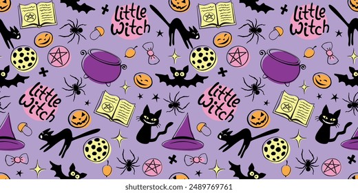 Halloween seamless pattern with good little witch symbols - cats, magic book, witch hat, pentagram and cauldron. Power girls theme. Cute holiday kids decor