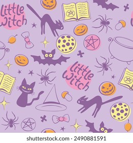 Patrón sin fisuras de Halloween con buenos pequeños símbolos de bruja - gatos, libro mágico, sombrero de bruja, pentagrama y caldero. El tema de las chicas poderosas. Bonita decoración de vacaciones para niños