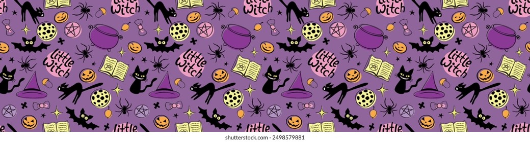 Halloween seamless pattern with good little witch symbols - cats, magic book, witch hat, pentagram and cauldron. Power girls theme. Cute holiday kids decor