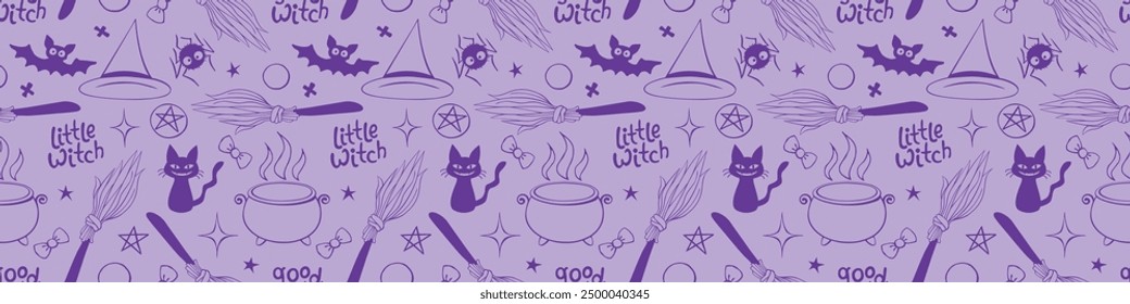 Halloween seamless pattern with good little witch symbols - cat, bat, broom, witch hat, pentagram and cauldron. Power girls theme. Holiday decor