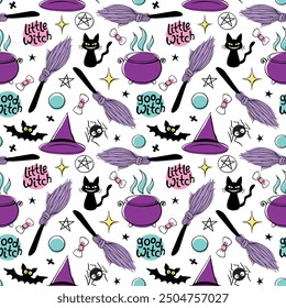 Halloween seamless pattern with good little witch symbols - cat, bat, broom, witch hat, pentagram and cauldron. Power girls theme. Holiday decor