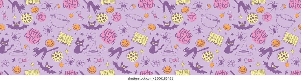 Halloween seamless pattern with good little witch symbols - cats, magic book, witch hat, pentagram and cauldron. Power girls theme. Cute holiday kids decor