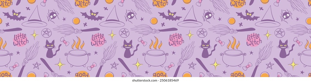 Halloween seamless pattern with good little witch symbols - cat, bat, broom, witch hat, pentagram and cauldron. Power girls theme. Cute holiday kids decor