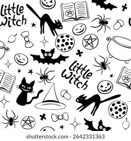 Halloween seamless pattern with good little wicth symbols - cats, magic book, witch hat, pentagram and cauldron. Power girls theme. Cute holiday kids decor