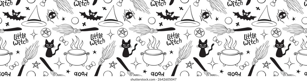 Halloween seamless pattern with good little wicth symbols - cat, bat, broom, witch hat, pentagram and cauldron. Power girls theme. Holiday decor