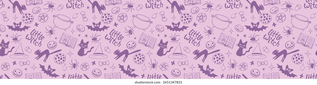 Halloween seamless pattern with good little witch symbols - cats, magic book, witch hat, pentagram and cauldron. Power girls theme. Cute holiday kids decor