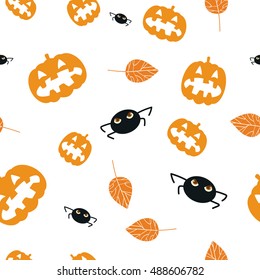 Halloween seamless pattern. Good as pattern for a package or textile. Halloween background with leaves, spooky pumpkins and small spiders.