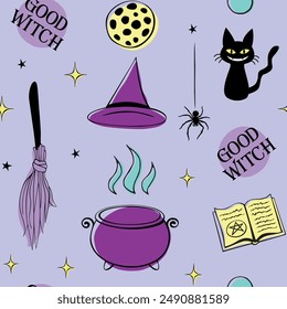 Halloween seamless pattern with good witch symbols - cat, magic book, witch hat, broom and cauldron. Power girls theme. Cute holiday kids decor