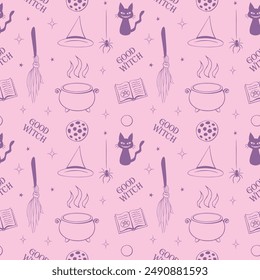 Halloween seamless pattern with good witch symbols - cat, magic book, witch hat, broom and cauldron. Power girls theme. Cute holiday kids decor