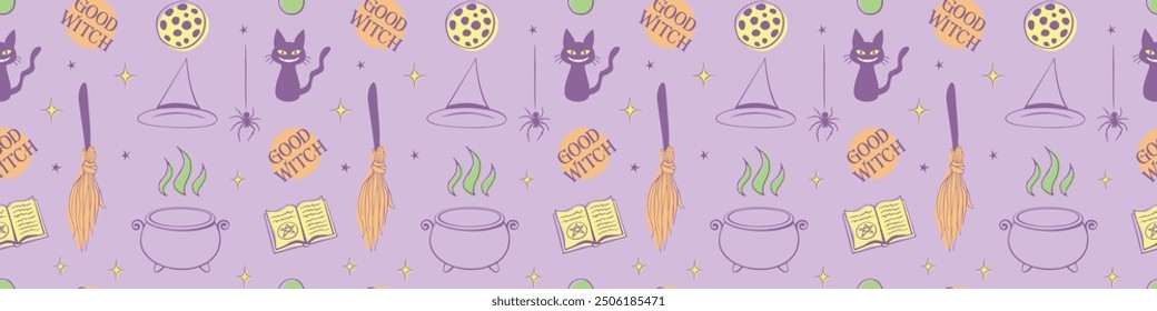 Halloween seamless pattern with good witch symbols - cat, magic book, witch hat, broom and cauldron. Power girls theme. Cute holiday kids decor