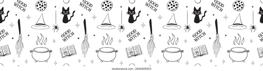 Halloween seamless pattern with good witch symbols - cat, magic book, witch hat, broom and cauldron. Power girls theme. Cute holiday kids decor