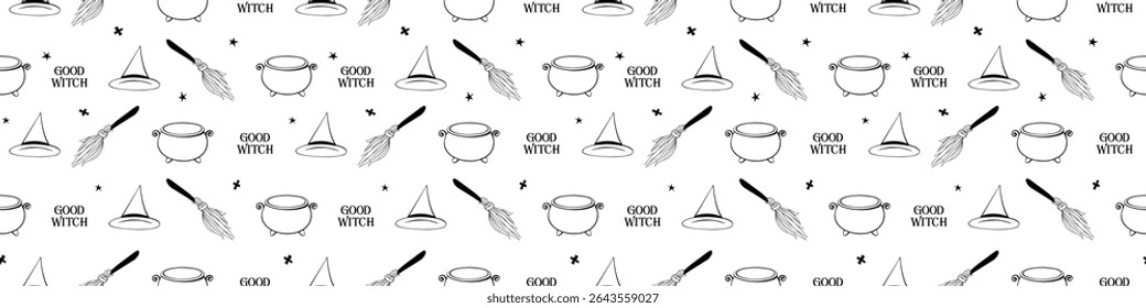 Halloween seamless pattern with good witch symbols - witch hat, broom and cauldron. Power girls theme. Cute holiday kids decor