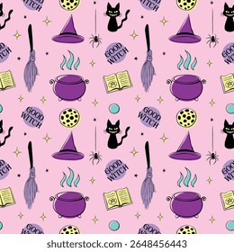 Dia das Bruxas padrão perfeito com bons símbolos de bruxa - gato, livro mágico, chapéu de bruxa, vassoura e caldeirão. Tema de garotas poderosas. Decoração bonito das crianças do feriado