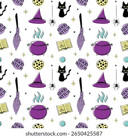 Halloween seamless pattern with good witch symbols - cat, magic book, witch hat, broom and cauldron. Power girls theme. Cute holiday kids decor