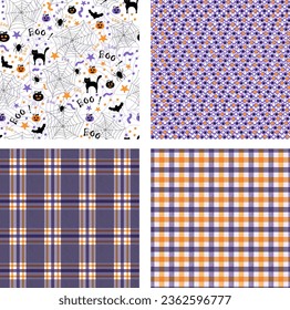 Halloween seamless pattern  goths, spider web, cats, pumkins in orange, violet and black color