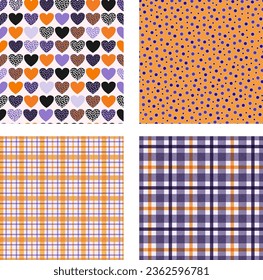 Halloween seamless pattern  goths, spider web, cats, pumkins in orange, violet and black color