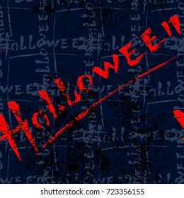 Halloween seamless pattern. Graphic handwritten composition for celebrating the holiday, vector illustration. Colored letters on a dark blue background. 