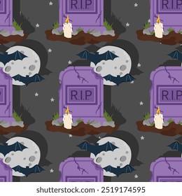 Dia das Bruxas padrão sem emenda com grave RIP, lua cheia e morcegos. Fundo de vetor para design têxtil ou fundo. Conceito de feriado de Halloween