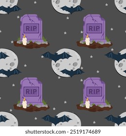 Dia das Bruxas padrão sem emenda com grave RIP, lua cheia e morcegos. Fundo de vetor para design têxtil ou fundo. Conceito de feriado de Halloween