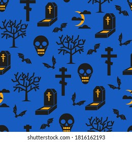 Patrón ininterrumpido de Halloween con tumbas, calaveras y siluetas de árboles en fondo azul. Ilustración vectorial
