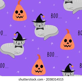 Halloween seamless pattern with gray cat in witch's hat and pumpkin. Purple background. Hand drawn vector illustration