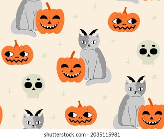 Halloween seamless pattern with gray cats, scull and pumpkins. Hand drawn vector background