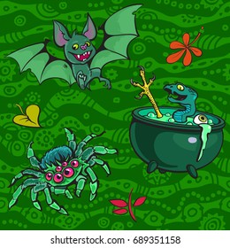 Halloween seamless pattern with green bat, cauldron, gigantic spider and autumn leaves in cartoon style. Hand drown vector illustration.