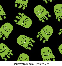 Halloween seamless pattern with green ghosts. Festive decoration of advertising and congratulatory products. Flat vector cartoon illustration. Objects isolated on black background.