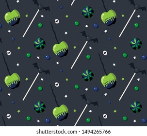 Halloween seamless pattern with green holiday candies on gray background. Can be used like pattern for wrapping paper, textile, greeting cards and party invitations