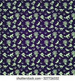 A halloween seamless pattern in green luminous and dark blue background.