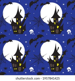 Halloween seamless pattern for greetings. Castle, moon, bats, spiderweb and skull on blue background. Vector illustration.