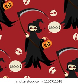 Halloween seamless pattern with grim reaper with scythe.