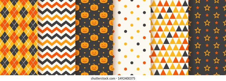 Halloween seamless pattern. Haloween background. Vector. Geometric texture with pumpkin face, zig zag, rhombus, polka dots, star and triangle. Holiday wrapping paper. Orange yellow black illustration