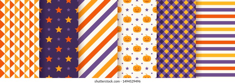 Halloween seamless pattern. Haloween textile print. Vector. Geometric background with pumpkin face, triangle, star, stripes, checkered. Wrapping paper. Orange yellow purple texture. Illustration