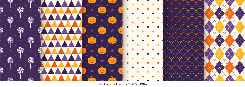 Halloween seamless pattern. Haloween texture. Vector. Geometric background with pumpkin face, candy, triangle, polka dots and rhombus. Holiday wrapping paper. Orange yellow purple illustration