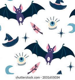 Halloween seamless pattern. Hand draw Bat, hat, moon and eye. Magic Elements. For printing, for fabric, for wrapping. Vector illustration isolated on white background.
