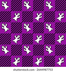 Dia das Bruxas padrão sem costura com mão desenham fantasma no fundo de gingham roxo.