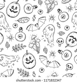 Halloween seamless pattern. Hand drawn vector illustration. Bat, ghost, Halloween pumpkin, skull.