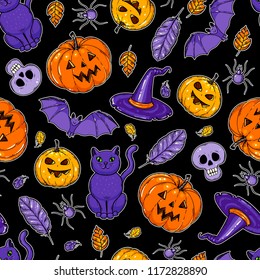 Halloween seamless pattern. Hand drawn vector illustration. Colored design template. 