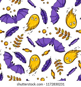 Halloween seamless pattern. Hand drawn vector illustration. Colored design template. Ghost and bat pattern.
