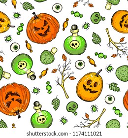 Halloween seamless pattern. Hand drawn vector illustration. Colored design template. Halloween pumpkin, skull, spider, poison.