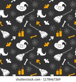 Halloween seamless pattern. Hand drawn sketched background, party invitation or holiday banner design vector illustration .