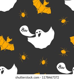 Halloween seamless pattern. Hand drawn sketched background, party invitation or holiday banner design vector illustration .