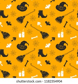 Halloween seamless pattern. Hand drawn sketched background, party invitation or holiday banner design vector illustration .