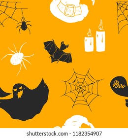 Halloween seamless pattern. Hand drawn sketched background, party invitation or holiday banner design vector illustration .