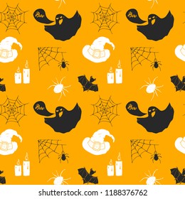 Halloween seamless pattern. Hand drawn sketched background, party invitation or holiday banner design vector illustration .