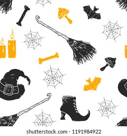 Halloween seamless pattern. Hand drawn sketched background, party invitation or holiday banner design vector illustration .