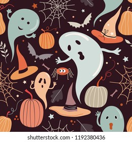 Halloween seamless pattern with hand drawn elements, vector design