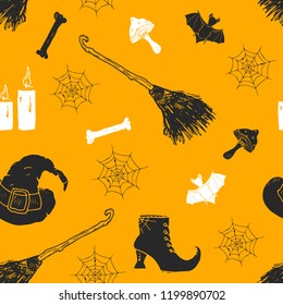 Halloween seamless pattern. Hand drawn sketched background, party invitation or holiday banner design vector illustration .
