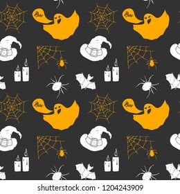 Halloween seamless pattern. Hand drawn sketched background, party invitation or holiday banner design vector illustration .